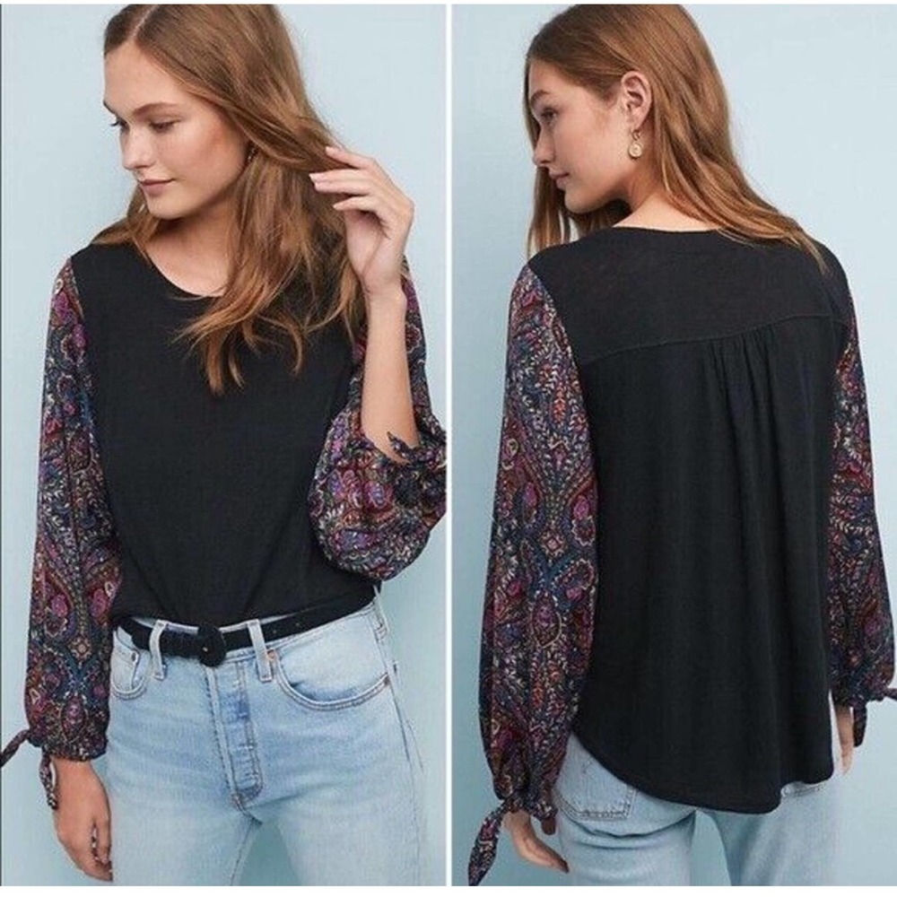 Akemi + Kin Anthropologie‎ Maybelle Black Paisley Tie Sleeve Blouse S Boho Artsy
